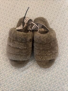 UGG Olive Green Fuzzy Slide Sandals with Branded Strap slippers